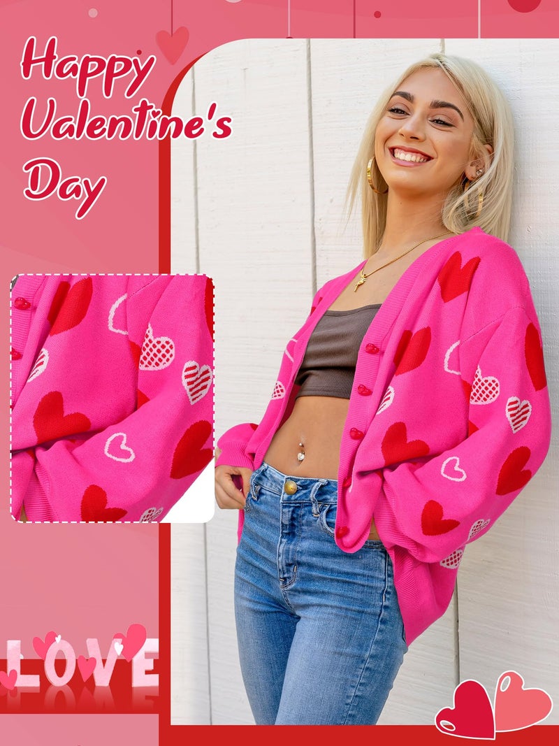 Twistover Valentines Day Heart Cardigan Sweater Sequins Embroidery Hot Pink Heart Sweater Valentines Galentines Women Outfit(Medium,Hot Pink Heart) - Image 3