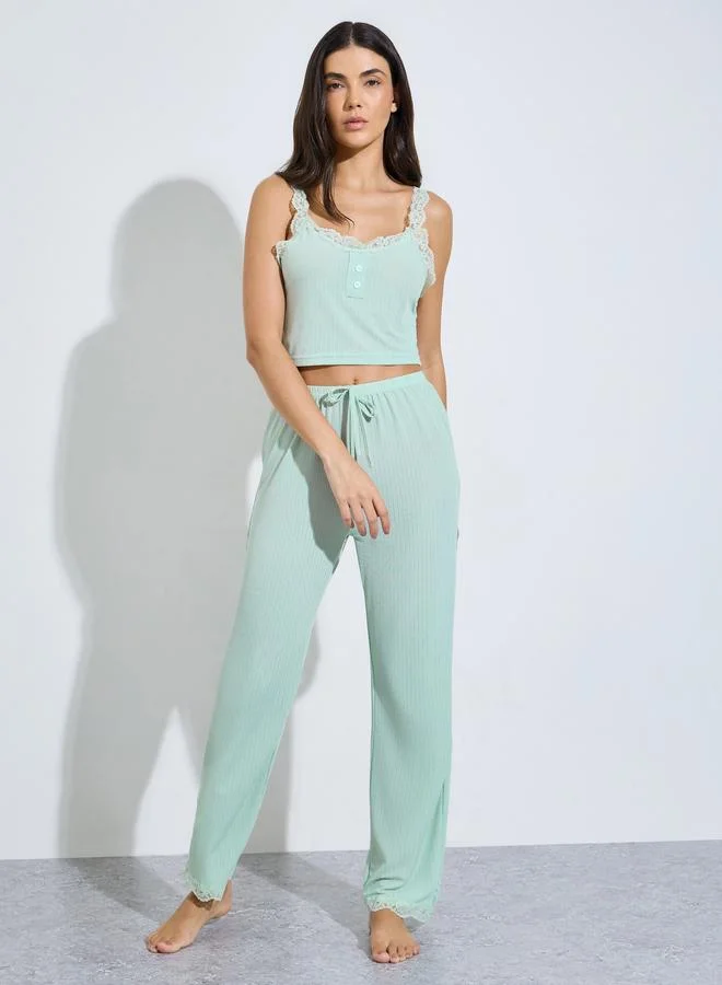 Styli Green Lace Cami Top and Pyjama Set