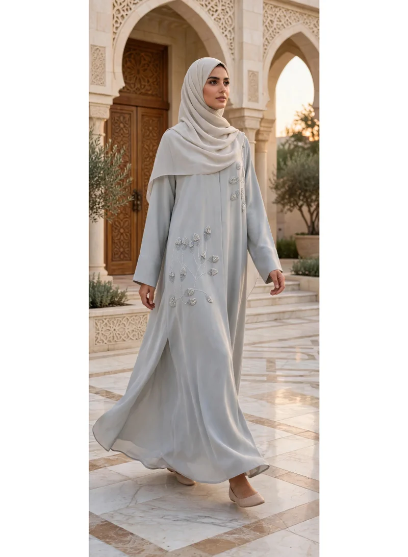 Ikkxa  Embellished Leaf Applique Open Front Abaya for Women | Best Price UAE