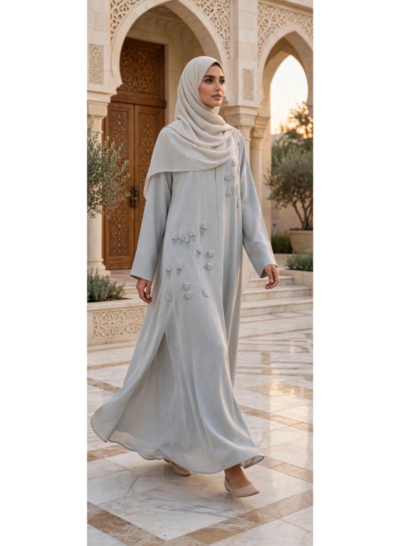 اكسا عباية مفتوحة من الأمام مع تطريزات أوراق الشجر البراقة - Image 3