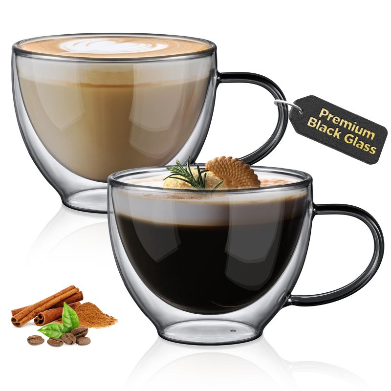 ecooe Black Double Walled Glass Coffee Mug 12 oz Latte Cappuccino Cups Set of 2 Coffee Cups with Handle Heat Resistant Double Wall Glass Cup for Tea Milk Juice Ice Cream Birthday Gifts for Mum Dad - Image 2