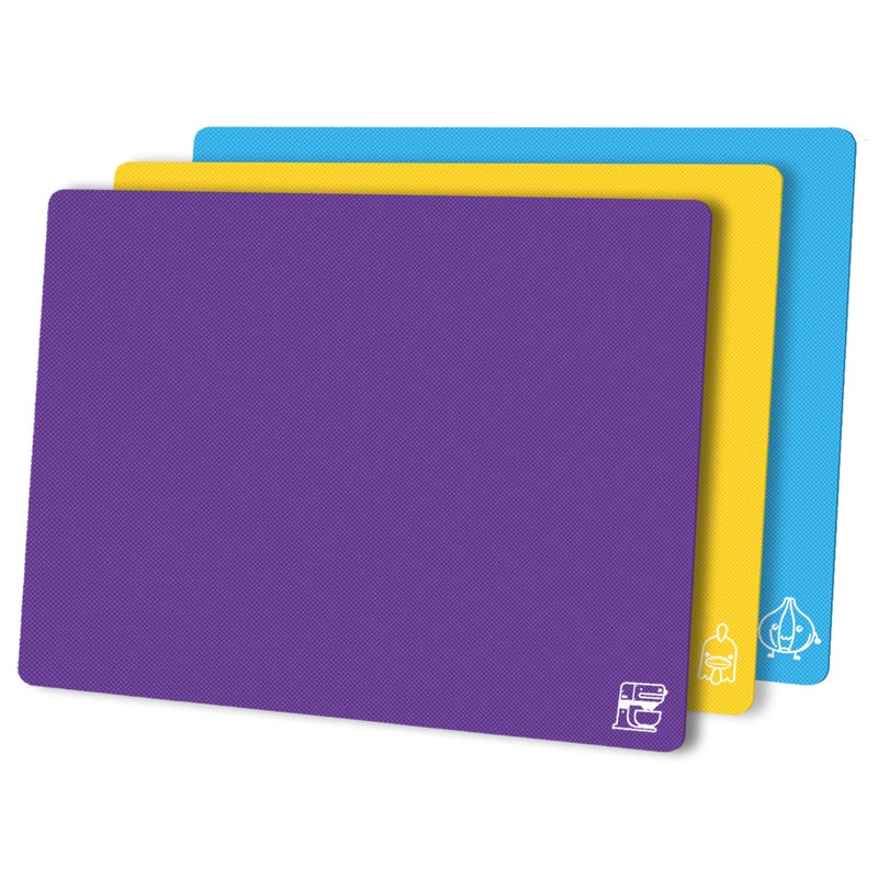 ZVP Flexible Plastic Cutting Boards for Kitchen Set of 3 Chopping Boards with Food Icon NonSlip Cutting Mats for Meat BPA Free Dishwasher Safe Rainbow