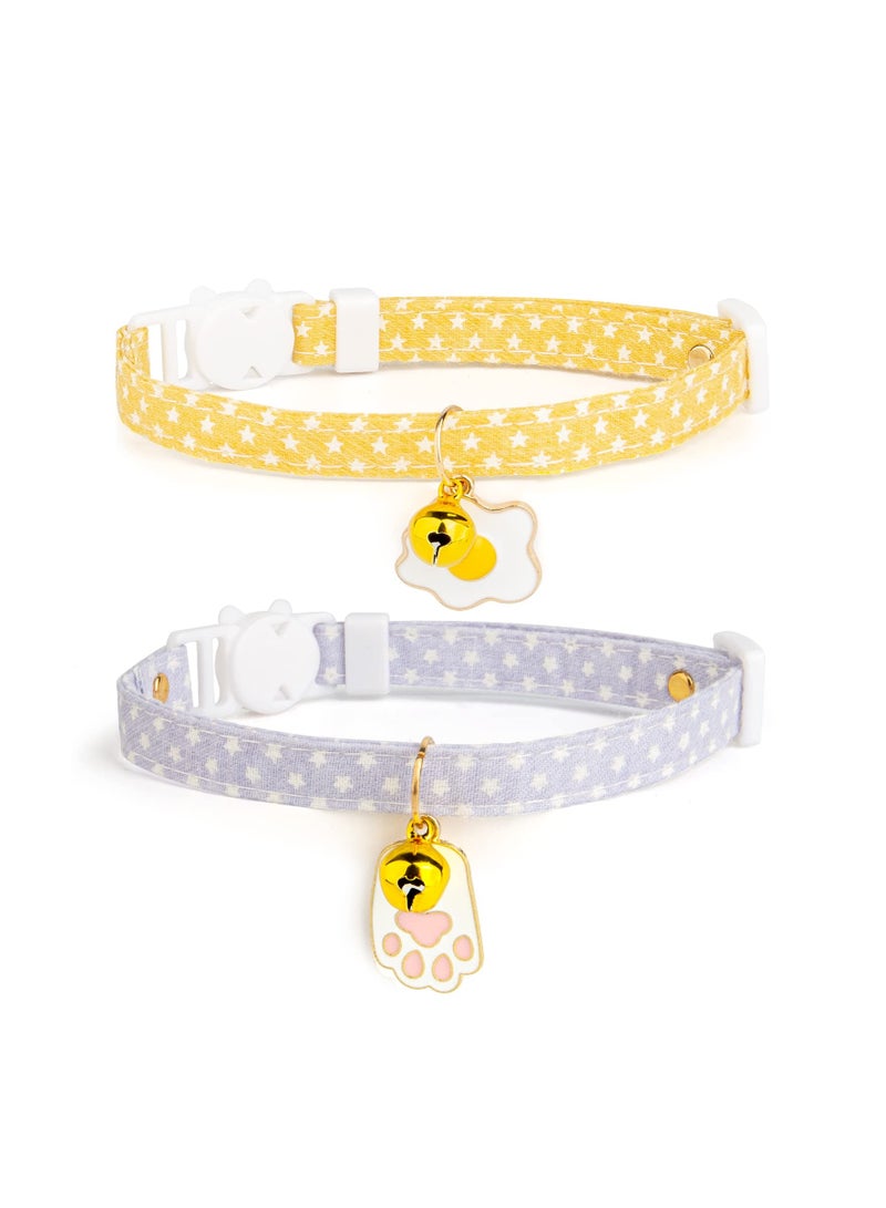 SOLARAE 2 Pack Cotton Breakaway Cat Collars with Bell, Yellow & Purple Egg Cat Paw Pendant, Cute and Safe Collar for Girl and Boy Cats - Image 1