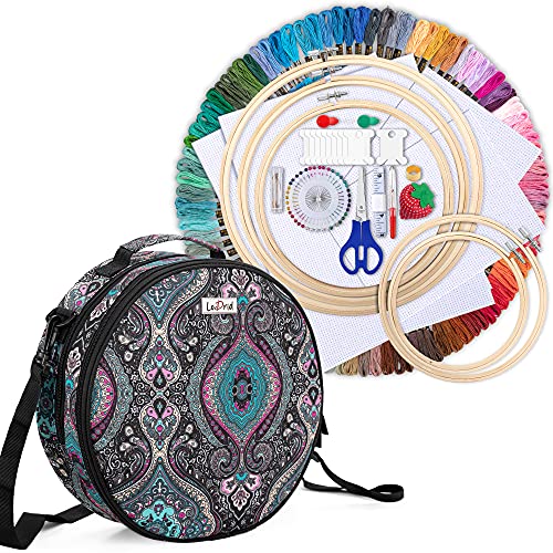 LoDrid Embroidery Kit, Double-Layer Round Storage Bag with Complete Cross Stitch Tools Kit, Embroidery Starter Kits for Beginners, Adults, with Handles and Shoulder Strap, Totem - Image 1