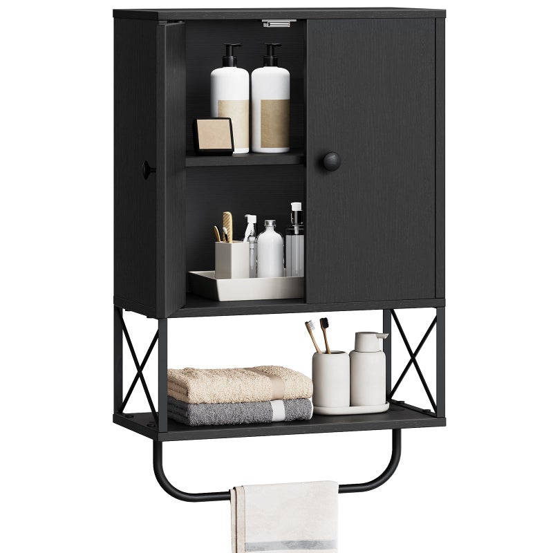 MAHANCRIS Bathroom Wall Cabinet with 2 Door and Adjustable Shelf, Farmhouse Medicine Cabinet with Towel Rack, 3-Tier Wall Mounted Storage Cabinet Over The Toilet for Bathroom Laundry Room, Black - Image 1