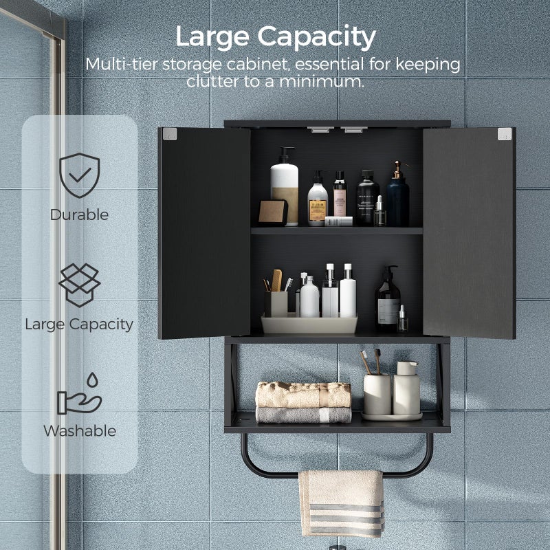 MAHANCRIS Bathroom Wall Cabinet with 2 Door and Adjustable Shelf, Farmhouse Medicine Cabinet with Towel Rack, 3-Tier Wall Mounted Storage Cabinet Over The Toilet for Bathroom Laundry Room, Black - Image 3