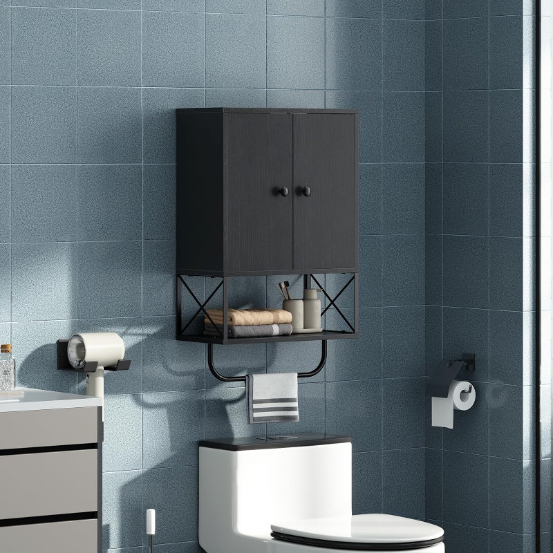 MAHANCRIS Bathroom Wall Cabinet with 2 Door and Adjustable Shelf, Farmhouse Medicine Cabinet with Towel Rack, 3-Tier Wall Mounted Storage Cabinet Over The Toilet for Bathroom Laundry Room, Black - Image 2