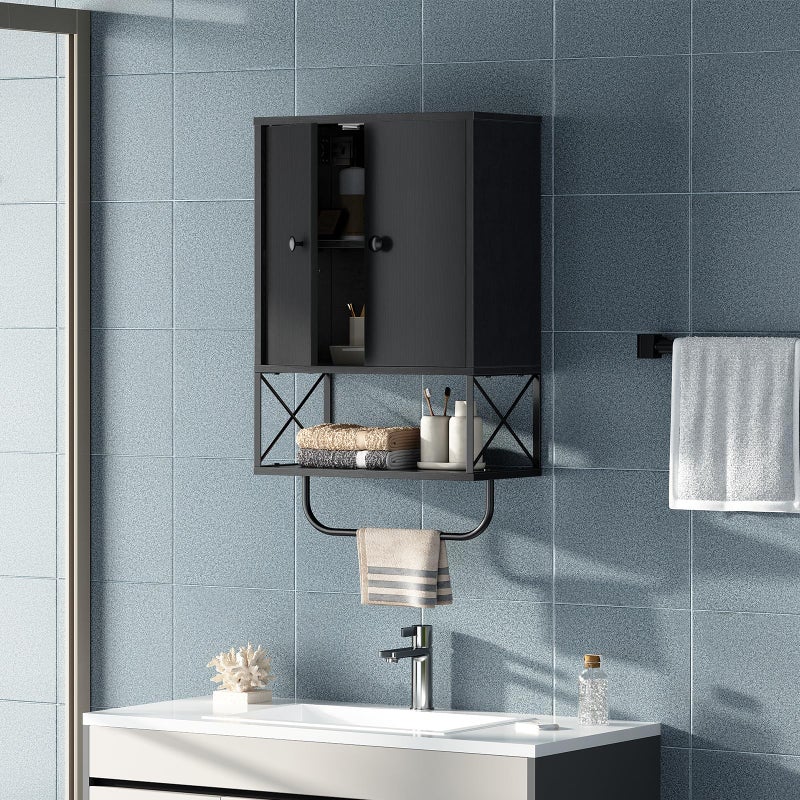 MAHANCRIS Bathroom Wall Cabinet with 2 Door and Adjustable Shelf, Farmhouse Medicine Cabinet with Towel Rack, 3-Tier Wall Mounted Storage Cabinet Over The Toilet for Bathroom Laundry Room, Black - Image 5