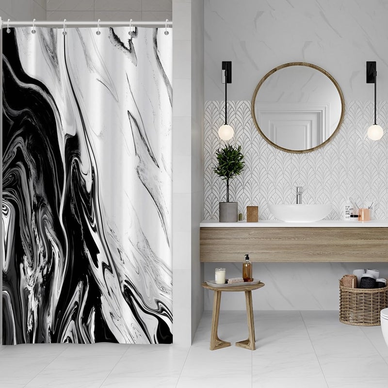 Ruelvth Black and White Shower Curtain  Modern Abstract Marble Shower Curtain for Bathroom Aesthetic Ink Texture Waterproof Fabric Shower Curtain Set with Hooks  48x72 Inch - Image 1