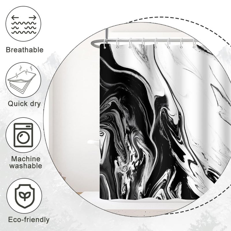 Ruelvth Black and White Shower Curtain  Modern Abstract Marble Shower Curtain for Bathroom Aesthetic Ink Texture Waterproof Fabric Shower Curtain Set with Hooks  48x72 Inch - Image 4