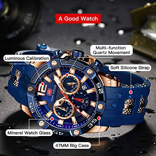 MF MINI FOCUS MINI Focus Men Watches Unique Casual Wristwatch (Chronograph/Waterproof/Luminous/Calendar/24 Hours) Silicon Band Fashion Watches for Men (Blue) - Image 3