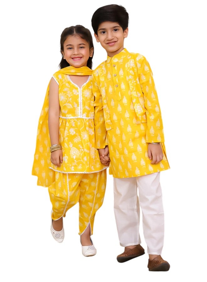 AJ Dezines أزياء متطابقة للأشقاء من AJ DEZINES طباعة زهور قطنية صفراء مجموعة كورتا للأولاد ومجموعة كورتا شراة للبنات للأطفال | ملابس تقليدية | زي راخي تقليدي | أصفر (1271-0-G-1167-24) - Image 1
