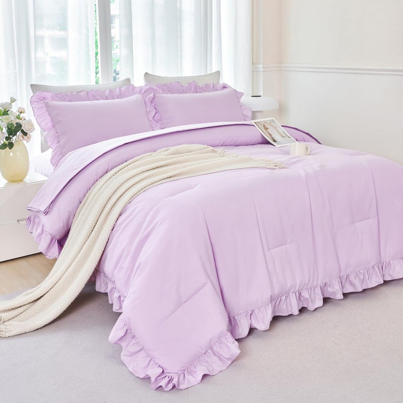 ANGIYUIN 5 Pieces Purple Comforter Set Twin Lavender Ruffle Bed in A Bag with Sheet Sets Solid Color Farmhouse Bedding Sets Soft Microfiber Bed Sets for Girls Kids(Purple Twin) - Image 3