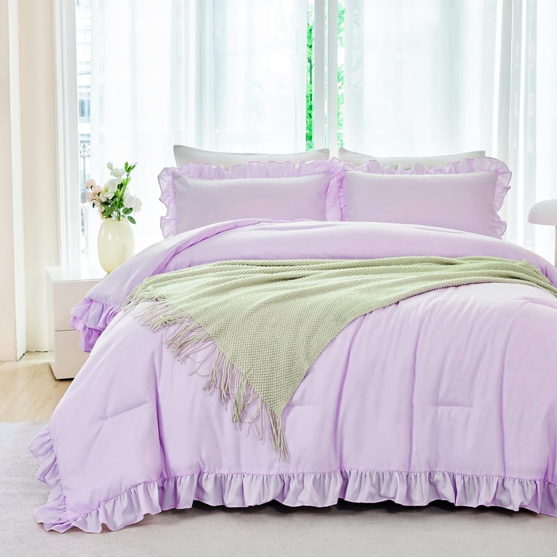 ANGIYUIN 5 Pieces Purple Comforter Set Twin Lavender Ruffle Bed in A Bag with Sheet Sets Solid Color Farmhouse Bedding Sets Soft Microfiber Bed Sets for Girls Kids(Purple Twin) - Image 2