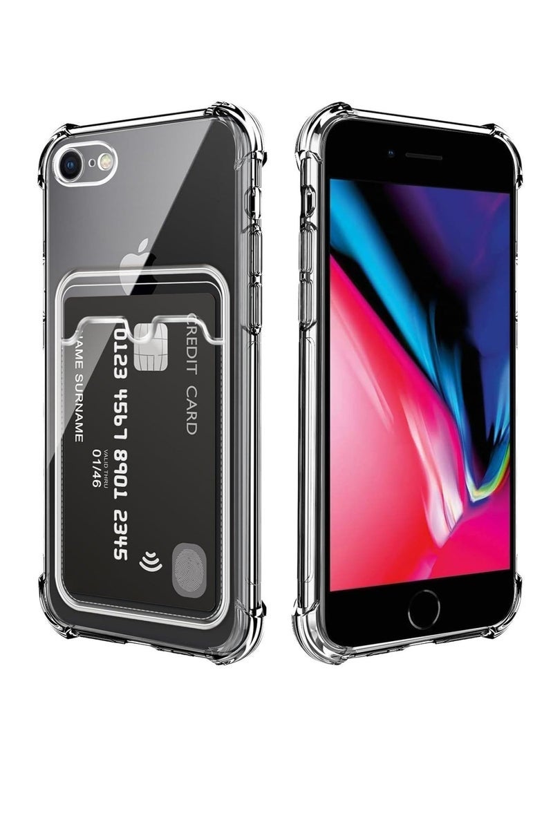 جراب شفاف لهاتف iPhone 6 / iPhone 6s، مزود بحامل بطاقات خلفي، محفظة، شفاف تمامًا، مصنوع من مادة TPU الناعمة، مقاوم للصدمات، مع حماية للزوايا من السقوط، جراب حماية للهاتف مع حماية لعدسة الكاميرا - شفاف