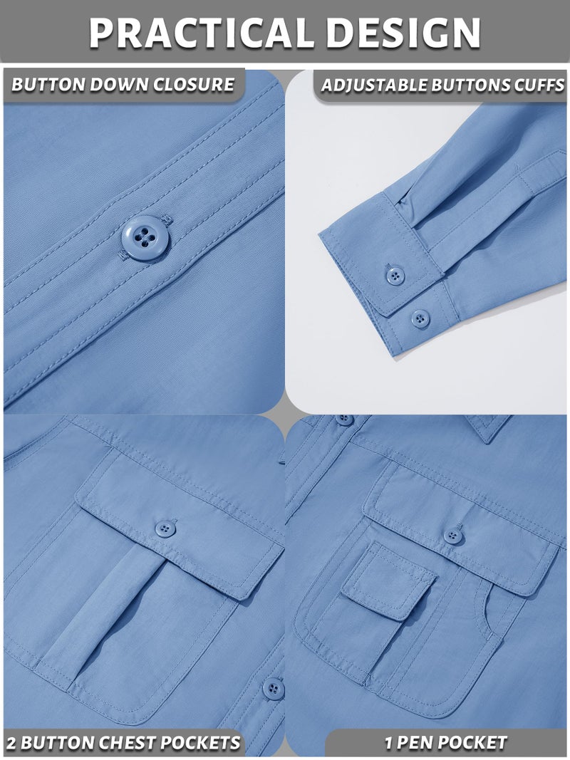 Tacvasen قميص طويل الأكمام قابل للتحويل للرجال من TACVASEN، تنفس، سريع الجفاف، حماية من الأشعة فوق البنفسجية، لون أزرق سماوي، L - Image 4