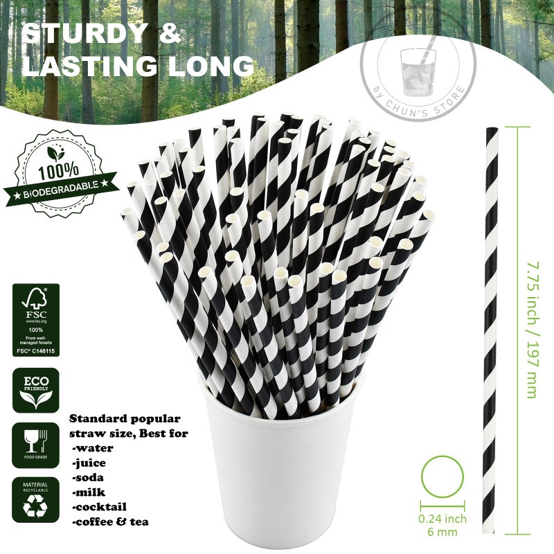 Chunspak 7.75'' Disposable Paper Drinking Straws Bulk  Black and White Striped - Unwrapped  Pack of 1000 - Image 1