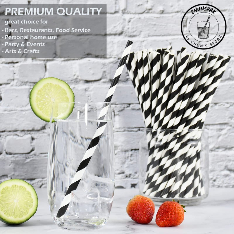 Chunspak 7.75'' Disposable Paper Drinking Straws Bulk  Black and White Striped - Unwrapped  Pack of 1000 - Image 2