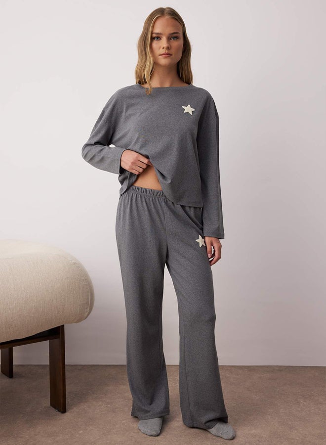 trendyol Anthracite Star Embroidered Knitted Pajamas Set - Image 4