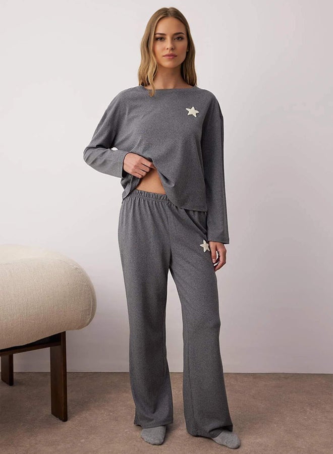 trendyol Anthracite Star Embroidered Knitted Pajamas Set - Image 2