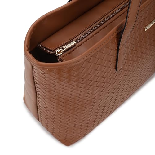 Fastrack Weave Tote | Faux-Leather Women's Tote Bag | Tan totebag with Wallet & Utility Pockets - Image 4