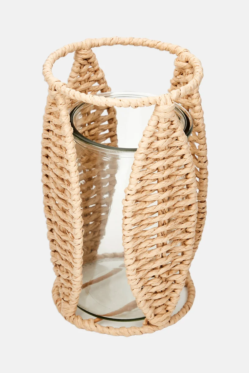 Muy Mucho Natural Fiber With Glass Candle Holder, Beige