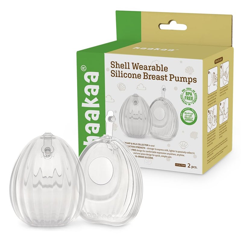 HAAKAA Shell Wearable Hands-Free Manual Breast Pump/Milk Collector (2.5 oz/75 ml, 4 oz/120 ml) â€“ Medical-Grade Silicone â€“ Compact, Portable & Discreet â€“ Leak-Proof Valve (2.5 oz - 2PK) - Image 1
