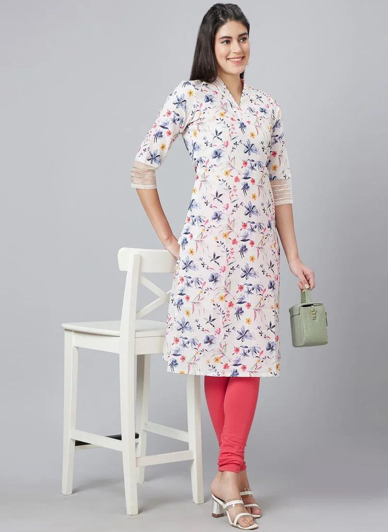 Globus Women V-Neck Floral Printed Straight Kurta