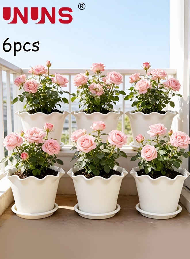 UNUNS 6PCS Plant Pot,Flower Pots with Ruffled Edge Plant Pots with Trays,Decorative Planters,Featuring a Porous Bottom Design Garden Pots for Garden Home Decor and Living Room(White) - Image 1