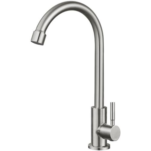 Heyalan Brushed Nickel Kitchen Faucet Cold Water Only 1 Hole Single Handle 360 Degree Swivel Spout Deck Mount High Arc SUS304 Sink Bar Tap Goose Neck with Hose and Longer Thread Pipe - Image 1