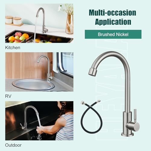 Heyalan Brushed Nickel Kitchen Faucet Cold Water Only 1 Hole Single Handle 360 Degree Swivel Spout Deck Mount High Arc SUS304 Sink Bar Tap Goose Neck with Hose and Longer Thread Pipe - Image 2
