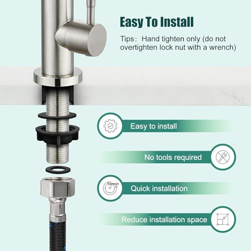 Heyalan Brushed Nickel Kitchen Faucet Cold Water Only 1 Hole Single Handle 360 Degree Swivel Spout Deck Mount High Arc SUS304 Sink Bar Tap Goose Neck with Hose and Longer Thread Pipe - Image 5