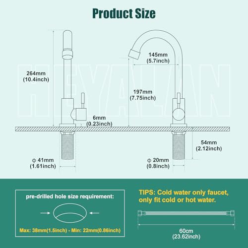 Heyalan Brushed Nickel Kitchen Faucet Cold Water Only 1 Hole Single Handle 360 Degree Swivel Spout Deck Mount High Arc SUS304 Sink Bar Tap Goose Neck with Hose and Longer Thread Pipe - Image 3