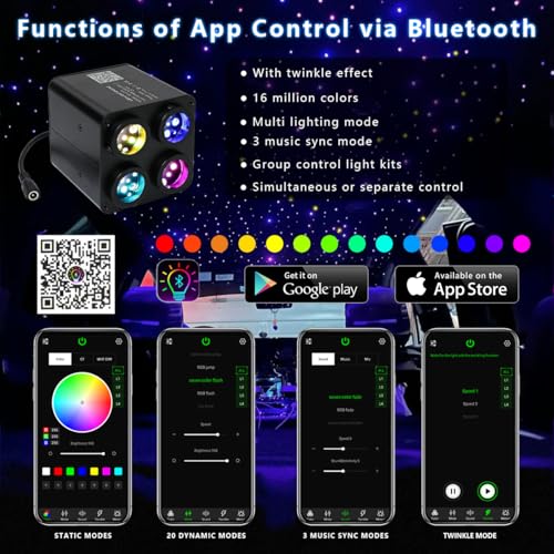 AKEPO 36W 4 Color Twinkle Fiber Optic Starlights Headliner Lights Kit, Optical Fibers Music Sync Bluetooth APP Control Starlight Kit, 1500pcs*13.1ft - Image 3