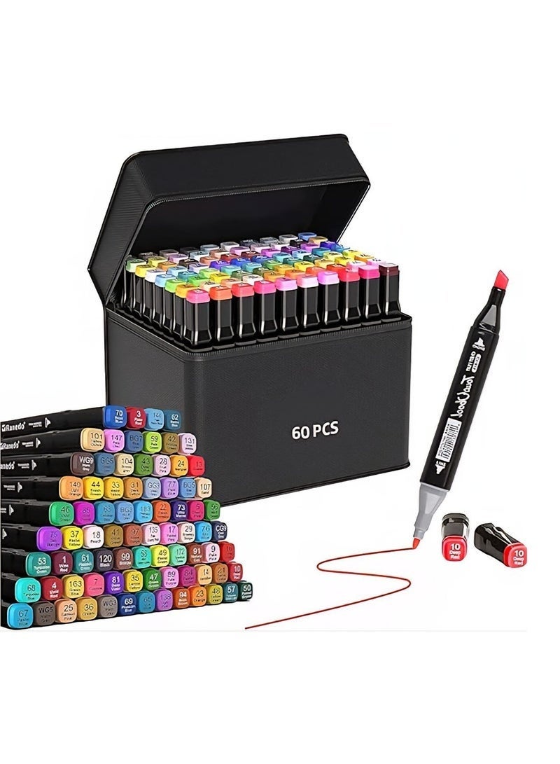 Graphic Marker Set (60 Colors) - Dual-Tip Markers with Case for Drawing, Calligraphy, and Design - Coloring Pen Set - Coloring and Drawing Ink for Kids and Adults - Ideal Marker Set for Artists and Hobbyists with a Stylish Carrying Case - Perfect for Art Gifts - Graffiti, Coloring, Outlining, Shading - Marker and Paint Projects with Case - Image 1