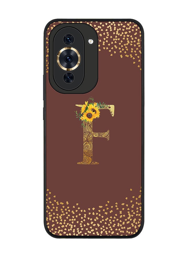 Stylizedd Rugged Black edge case for Huawei nova 10 Pro Slim fit Soft Case Flexible Rubber Edges Anti Drop TPU Gel Thin Cover - Custom Monogram Initial Letter Floral Pattern Alphabet - F (Brown ) - Image 1