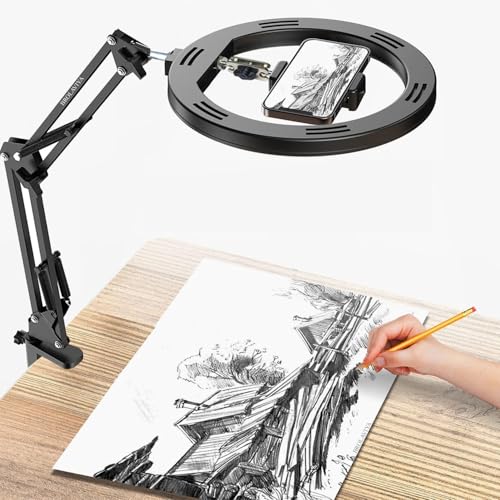 BROLAVIYA No Shadow Overhead Video Mobile Stand with 10inch Selfie Ring Light, Metal Arm,1/4" Adaptor for Camera, GoPro and Mobile Bracket for Desktop, Bedroom, Office - Image 1
