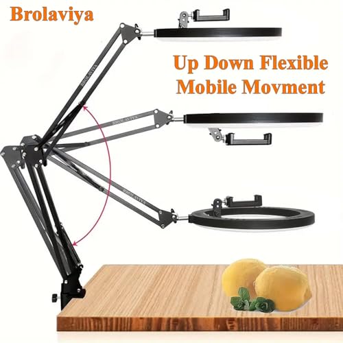 BROLAVIYA No Shadow Overhead Video Mobile Stand with 10inch Selfie Ring Light, Metal Arm,1/4" Adaptor for Camera, GoPro and Mobile Bracket for Desktop, Bedroom, Office - Image 2