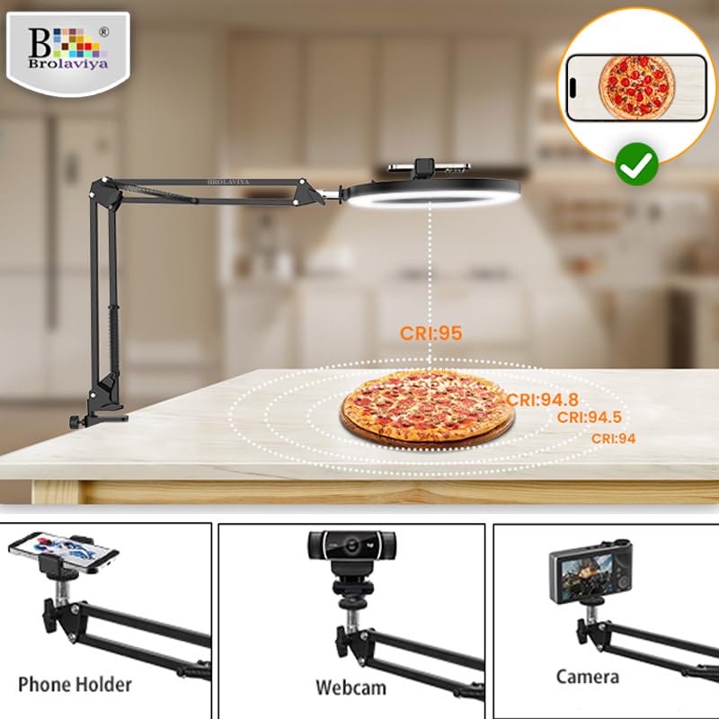 BROLAVIYA No Shadow Overhead Video Mobile Stand with 10inch Selfie Ring Light, Metal Arm,1/4" Adaptor for Camera, GoPro and Mobile Bracket for Desktop, Bedroom, Office - Image 3