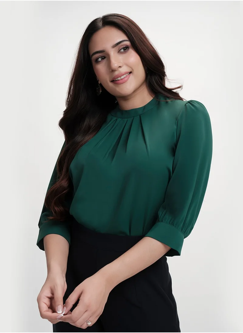 Zigzag Neck Pleated Half Sleeve Chiffon Green Top