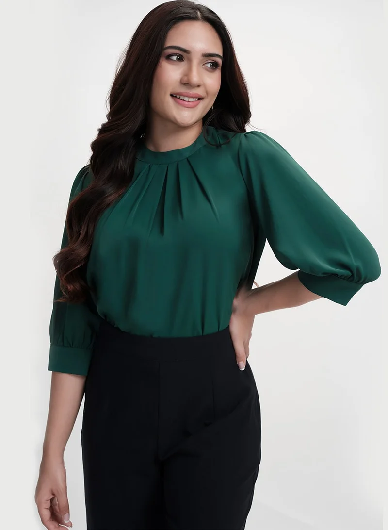 Zigzag Neck Pleated Half Sleeve Chiffon Green Top