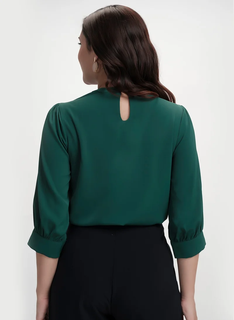 Zigzag Neck Pleated Half Sleeve Chiffon Green Top