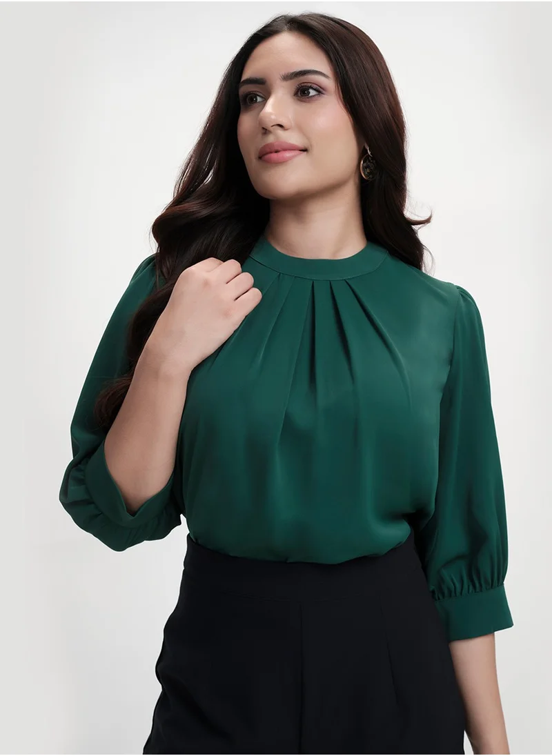 Zigzag Neck Pleated Half Sleeve Chiffon Green Top