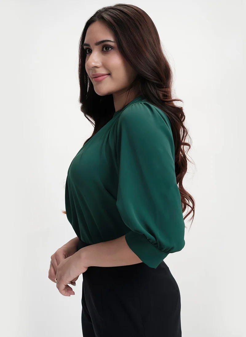 Zigzag Neck Pleated Half Sleeve Chiffon Green Top