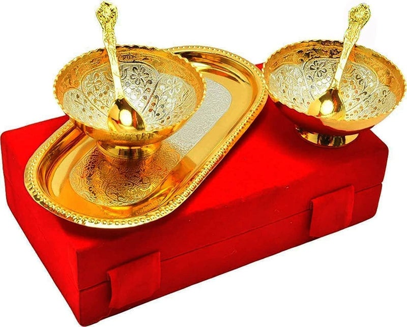 NOBILITY Bowl Spoon Tray Set Gold Silver Plated for Diwali Gift Housewarming Friends Relative Wedding Return Housewarming Gift Items 6 Sets - Image 3