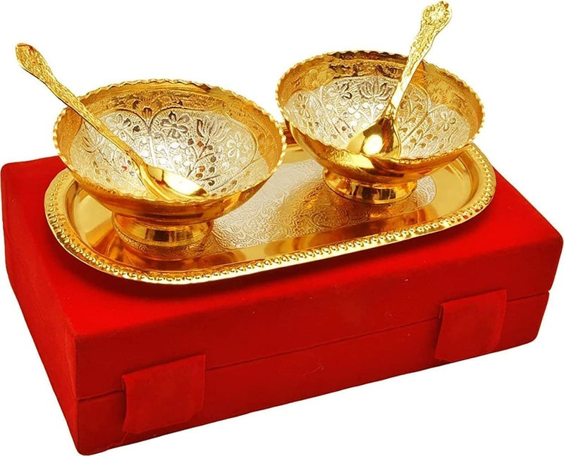 NOBILITY Bowl Spoon Tray Set Gold Silver Plated for Diwali Gift Housewarming Friends Relative Wedding Return Housewarming Gift Items 6 Sets - Image 4