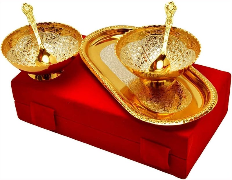 NOBILITY Bowl Spoon Tray Set Gold Silver Plated for Diwali Gift Housewarming Friends Relative Wedding Return Housewarming Gift Items 6 Sets - Image 5