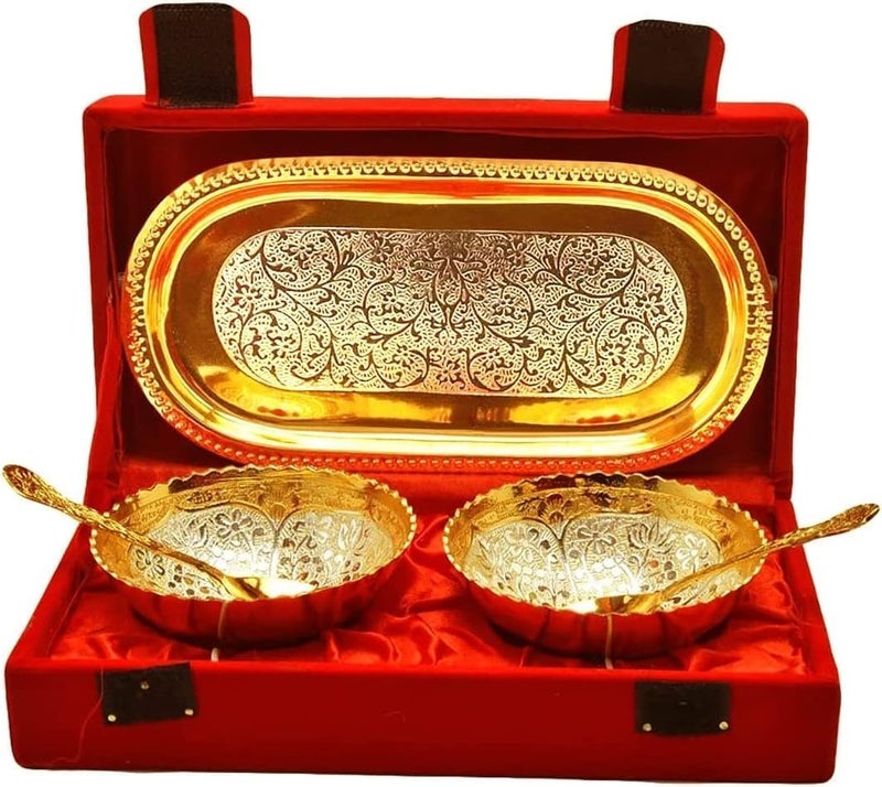 NOBILITY Bowl Spoon Tray Set Gold Silver Plated for Diwali Gift Housewarming Friends Relative Wedding Return Housewarming Gift Items 6 Sets - Image 2
