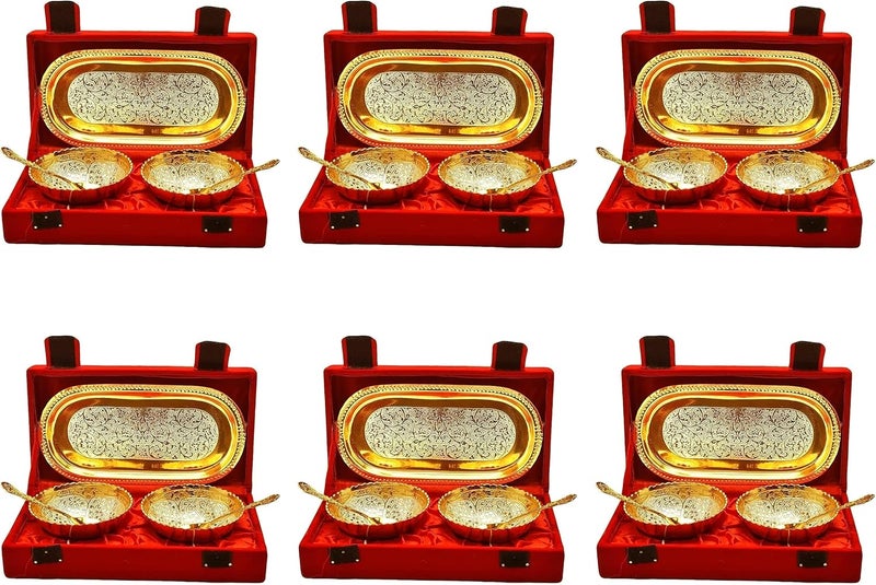 NOBILITY Bowl Spoon Tray Set Gold Silver Plated for Diwali Gift Housewarming Friends Relative Wedding Return Housewarming Gift Items 6 Sets - Image 1