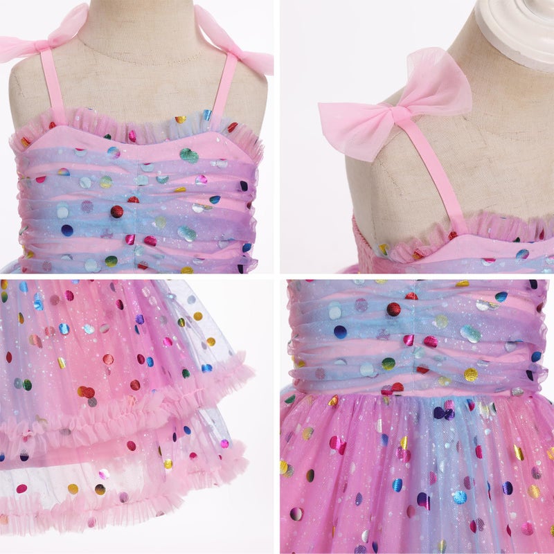 IMEKIS 5th 6th Birthday Dresses Girls: Kindergarten Graduation Kids Toddler Princess Sparkly Tulle Tutu Tea Party Ruffles Fairy Short Pageant Ice Cream Smocked Outfit Pink Rainbow Dots 5-6 Years - Image 2